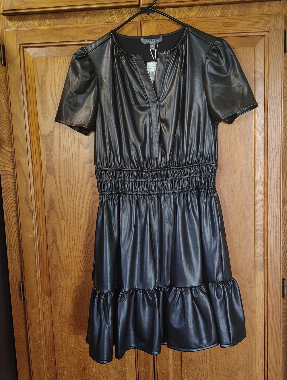 Grey Collective Faux Leather Black Short Sleeve Smocked Waist Dress Size Small